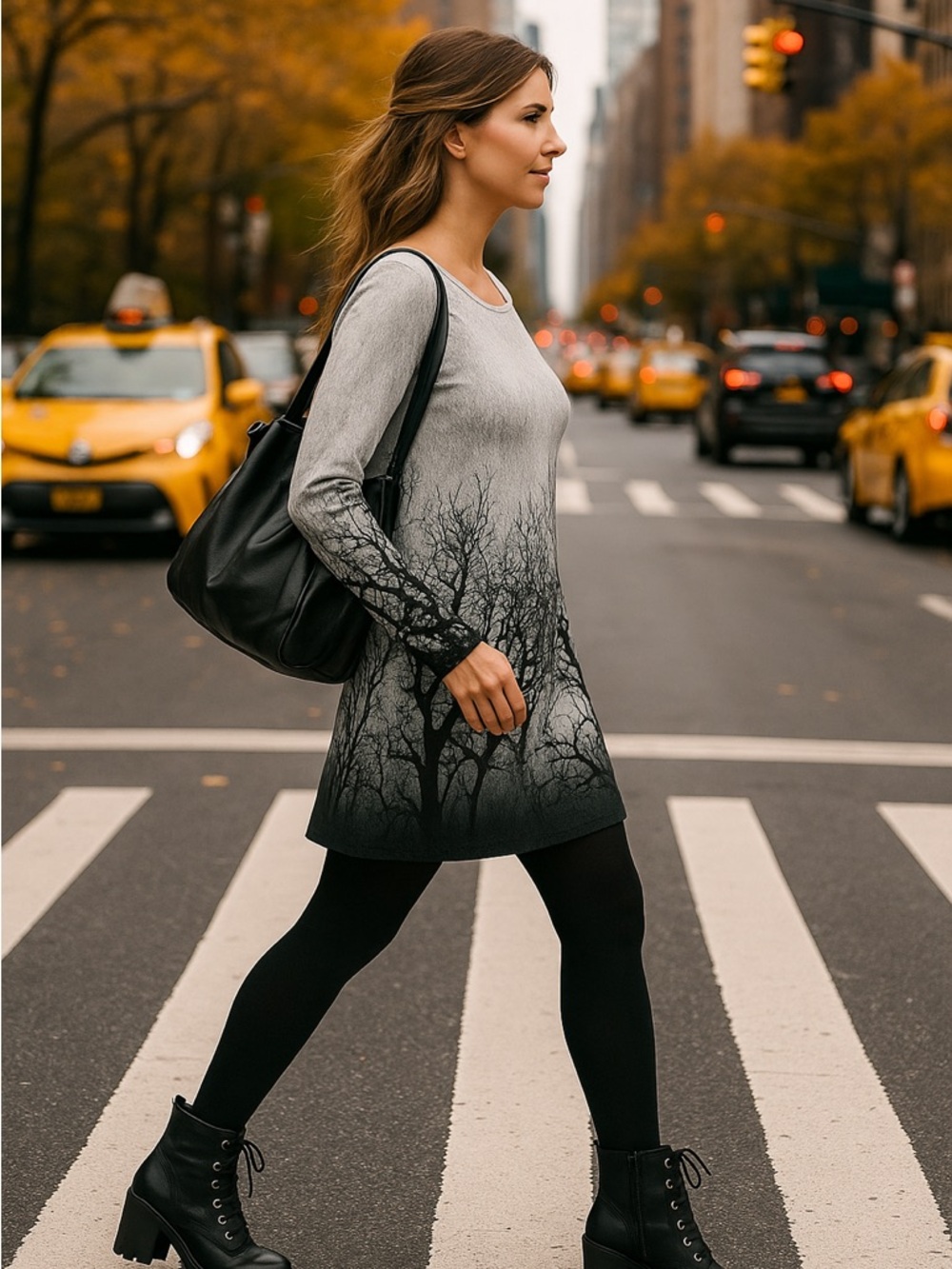 NWT LA Soul Grey Ombre Trees in Sihouette Brushed Hacci Tunic Dress